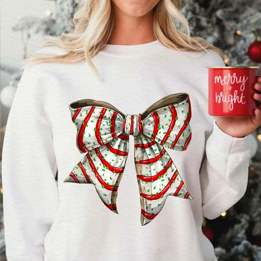 Cute Christmas Tree Cake Bow Sweater, Trendy Christmas Bow Shirt, Holiday Spirit Christmas Sweatshirt, Cotton Crew Neck Shirt, Full Sizes, Full Colors Women Womenswear Tops coquette christmas