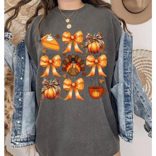 Cute Coquette Bows Turkey Pumpkin Pie Shirt, Thanksgiving Pumpkinball Shirt, Pumpkin Spice Thanksgiving Sweatshirt, Holiday Fall Clothing, Unisex
