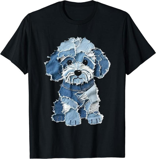 Cute Dog Denim Patchwork Art T-Shirt | Unisex Cotton Tee Gift, Crewneck, Short Sleeve