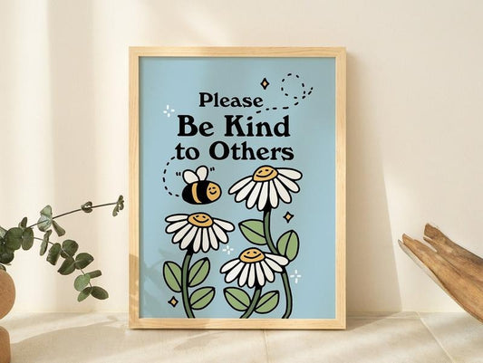 Cute Flowers Poster Print, Vintage Blue Illustration, Bee And Plants Positivity Prints, Be Kind Wall Decor, Retro 80s Aesthetic, Poster Prints No Frame, Gifts For Bestie Bedroom Decor, Wall Art Home Decor, Art Posters, Gifts For Birthday Artwork Landscape