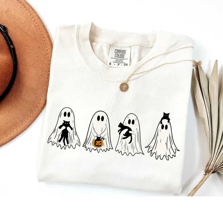 Cute Ghost Black Cats Halloween Comfort Colors Shirt, Ghost Cat Halloween Shirt, Spooky Season, Cat Lover Gift Top Traditional