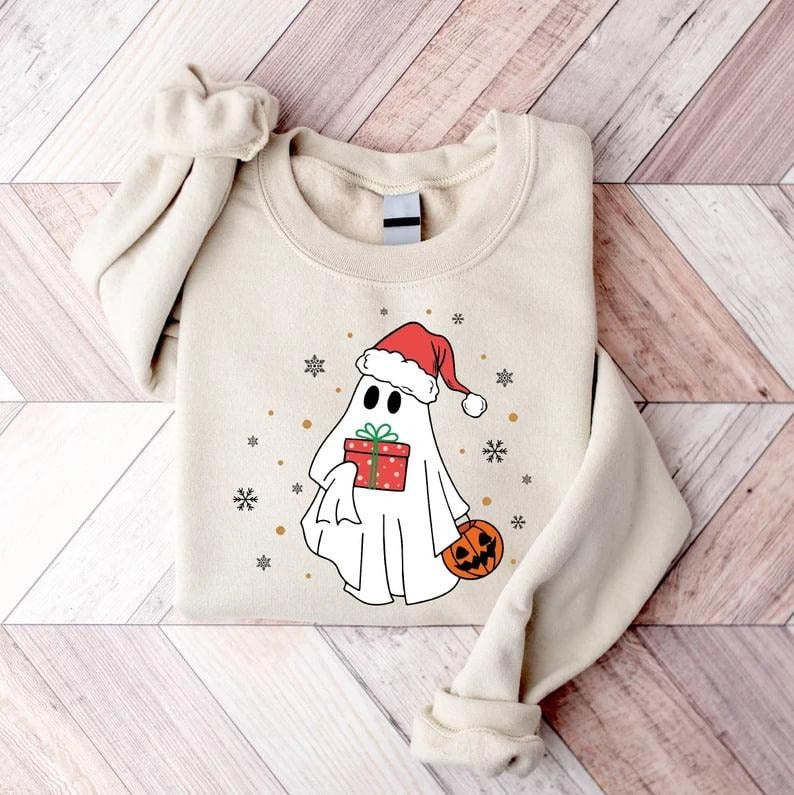 Cute Ghost Christmas Sweatshirt, Ghost Santa Shirt, Women Christmas Hoodie, Gift For Christmas, Women Holiday Shirt, Funny Christmas Shirt