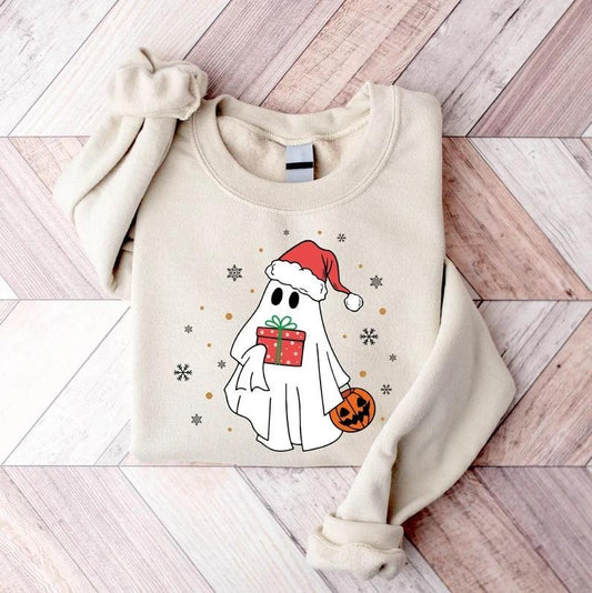 Cute Ghost Christmas Sweatshirt, Ghost Santa Shirt, Women Christmas Hoodie, Gift For Christmas, Women Holiday Shirt, Funny Christmas Shirt