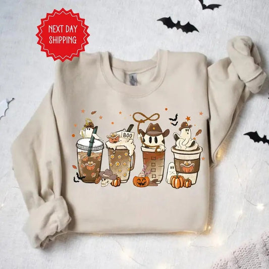 Cute Ghost Coffee Cups Sweatshirt, Halloween Western Coffee Shirt, Fall Coffee Cup Crewneck Ghost Halloween Sweatshirt Fleece Knit