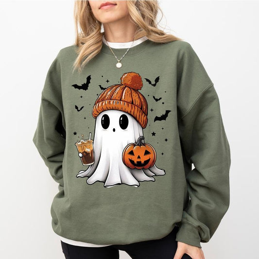 Cute Ghost Coffee Sweatshirt, Ghost Drinking Ice Coffee Crewneck, Halloween Ghost Sweater for Women, Fall Autumn Sweatshirt for Girl, Coffee Lover Gift, Spooky Season Sweater, Cute Women's Tops, Fall Casual Womenswear, Comfort Cotton Fabric Relaxed Top