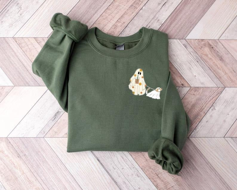 Cute Ghost Dog Halloween Sweatshirt, Dogs Lover Halloween Gift, Dog Mom Halloween T-Shirt, Funny Halloween Party Sweater, Womens Halloween Shirt