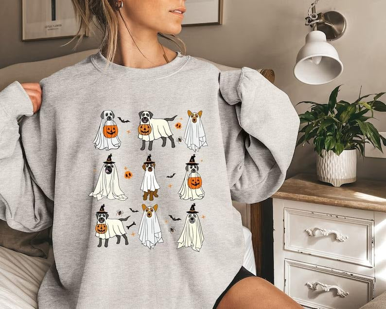Cute Ghost Dogs Sweatshirt, Halloween Women Crewneck Sweater, Dog Lovers Halloween Gift, Ghost Dogs Shirt, Cute Women Halloween Gift