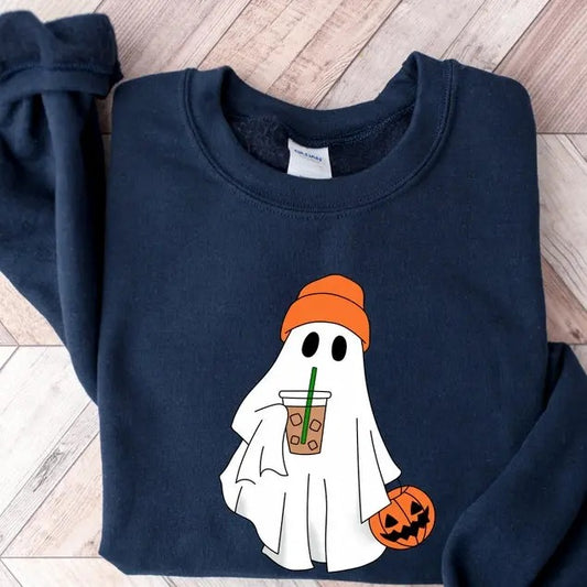 Cute Ghost Drinking Coffee Sweatshirt, Ghost Ice Coffee, Spooky Season, Fall Coffee Lover Hoodie, Halloween Party Shirt, Fall Graphic  T-shirt, sweater and Hoodie