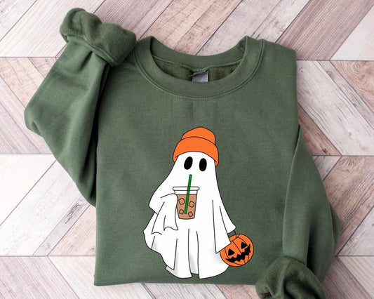 Cute Ghost Drinking Coffee Sweatshirt, Ghost Ice Coffee, Spooky Season, Fall Coffee Lover Hoodie, Halloween Party Shirt, Fall Graphic Shirt