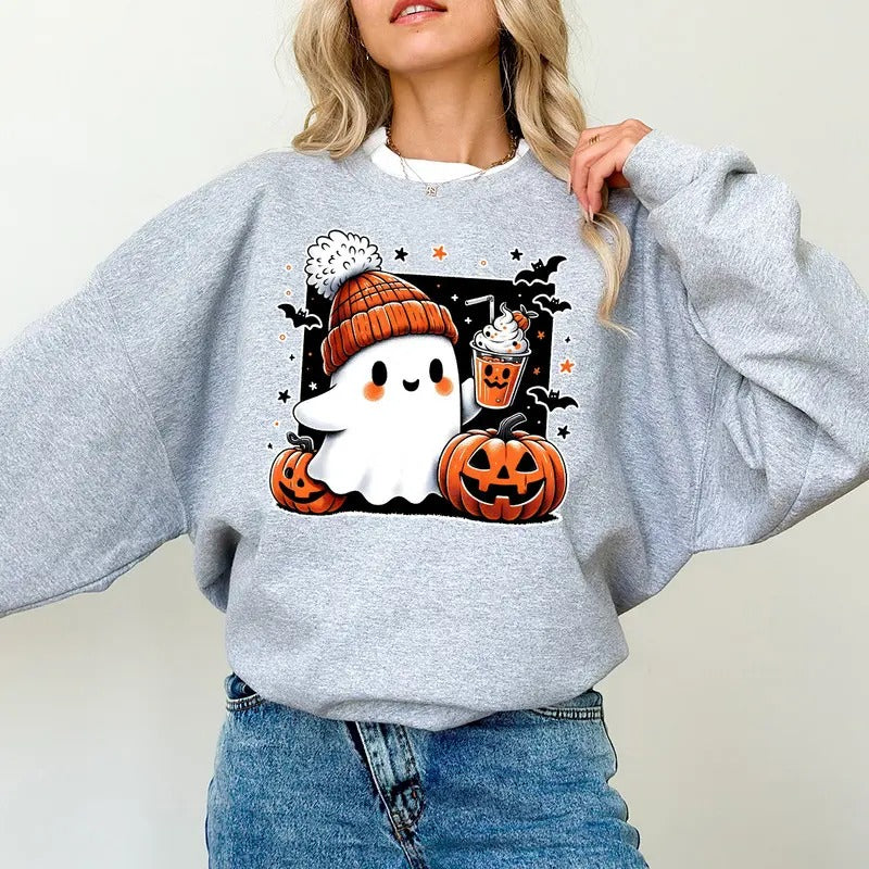 Cute Ghost Drinking Coffee Sweatshirt,Ghost Ice Coffee,Spooky Season Shirt,Fall Coffee Lover Sweatshirt,Halloween Sweatshirt,Halloween Gift