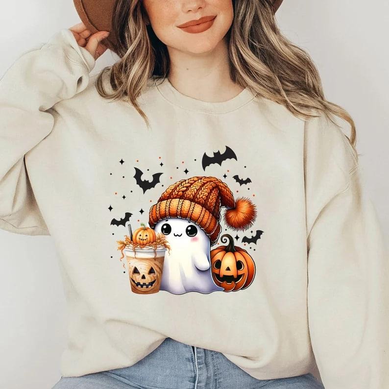 Cute Ghost Halloween Shirt, Halloween Ghost Sweater, Cute Pumpkin Coffee Ghost Shirt, Womens Halloween Shirt, Spooky Season Shirtstyle{n002}2