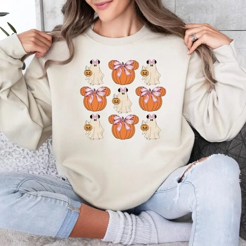 Cute Ghost Mouse Pumpkin Halloween Shirt, Mouse Halloween Family Shirt, Coquette Halloween Pumpkin Mouse Tees,Spooky Season Crew Womenswear Clothing