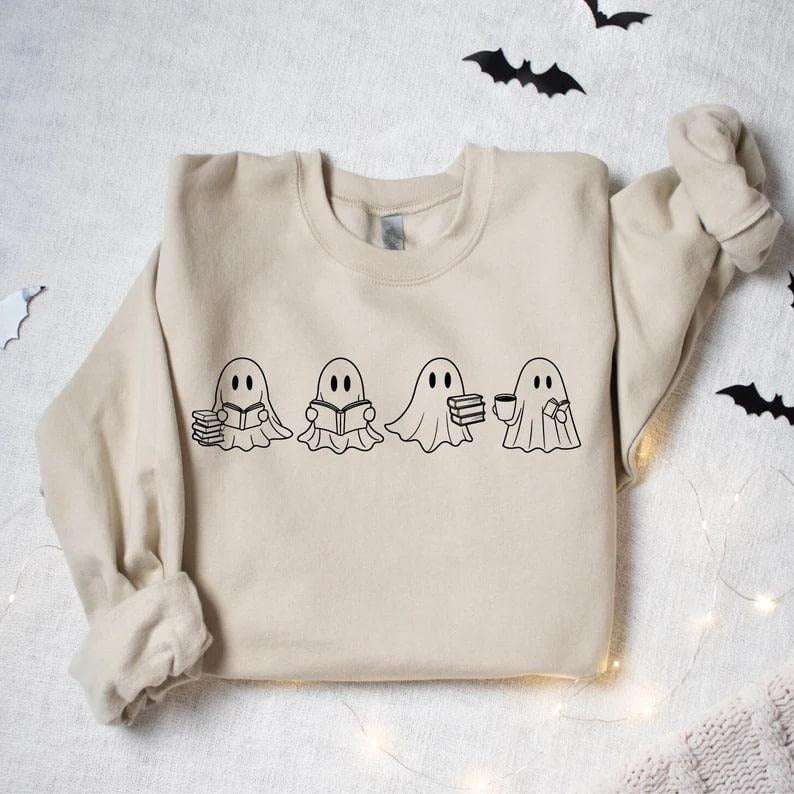 Cute Ghost Reading Books Sweatshirt, Cute Little Ghost Shirt, Spooky Season, Bookish Ghost, Ghost Coffee Shirt, Books Lover Halloween Gift