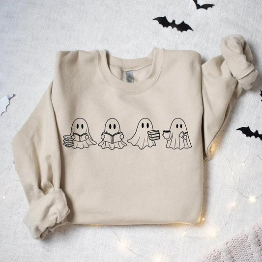 Cute Ghost Reading Books Sweatshirt, Cute Little Ghost Shirt, Spooky Season, Bookish Ghost, Ghost Coffee Shirt, Books Lover Halloween Gift