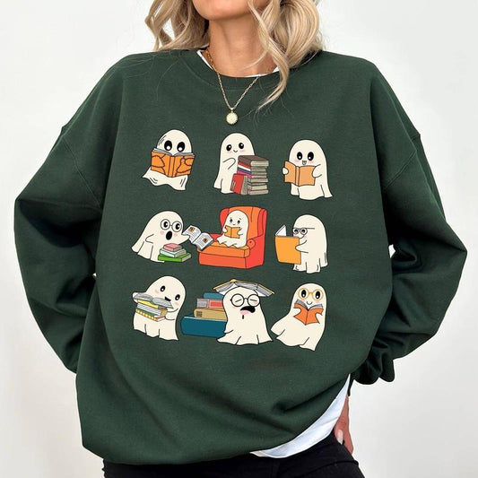 Cute Ghost Reading Books Sweatshirt, Reading Boos Teacher Crewneck, Bookish Halloween Sweatshirt For Girls, Cute Halloween Ghost Sweater, Librarian Sweatshirt, Comfy Long Sleeve Pullover, Women's Tops, Fall Winter Casual Womenswear, Comfort Cotton Fabric