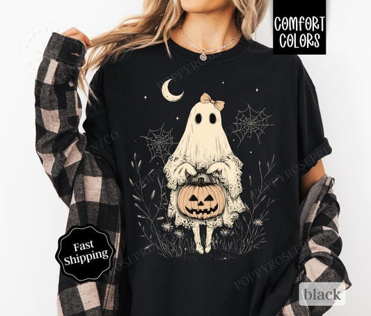 Cute Ghost Shirt Comfort Colors, Halloween Shirt,  October Vibes Shirt for Women Oversized Crewneck Tee