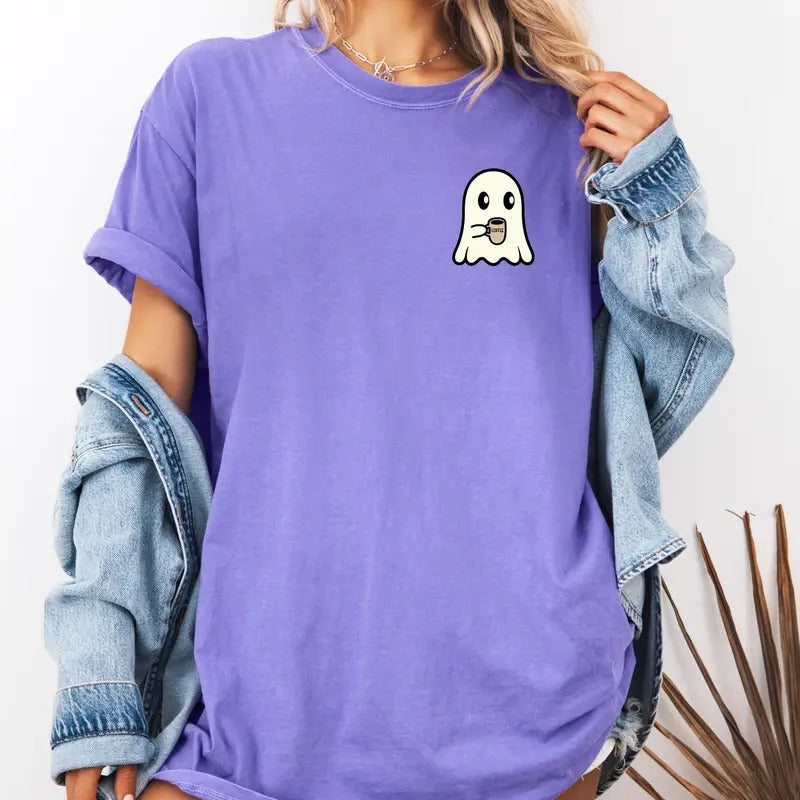 Cute Ghost with a Cup of Joe design on custom colors tee shirt Casual