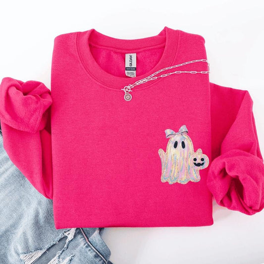 Cute Ghost, Coquette, Ribbon, Faux Glitter, Halloween, Pocket Sweatshirt, Spooky, Witch, Pumpkin, Halloween, Crew Neck, Women's, Crewneck