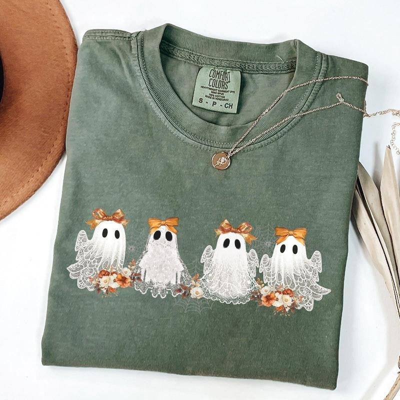 Cute Ghosts, Lace, Halloween, Girly, Coquette, Bow, Ribbon, Spooky Tshirt, Women's Comfort Colors Tee