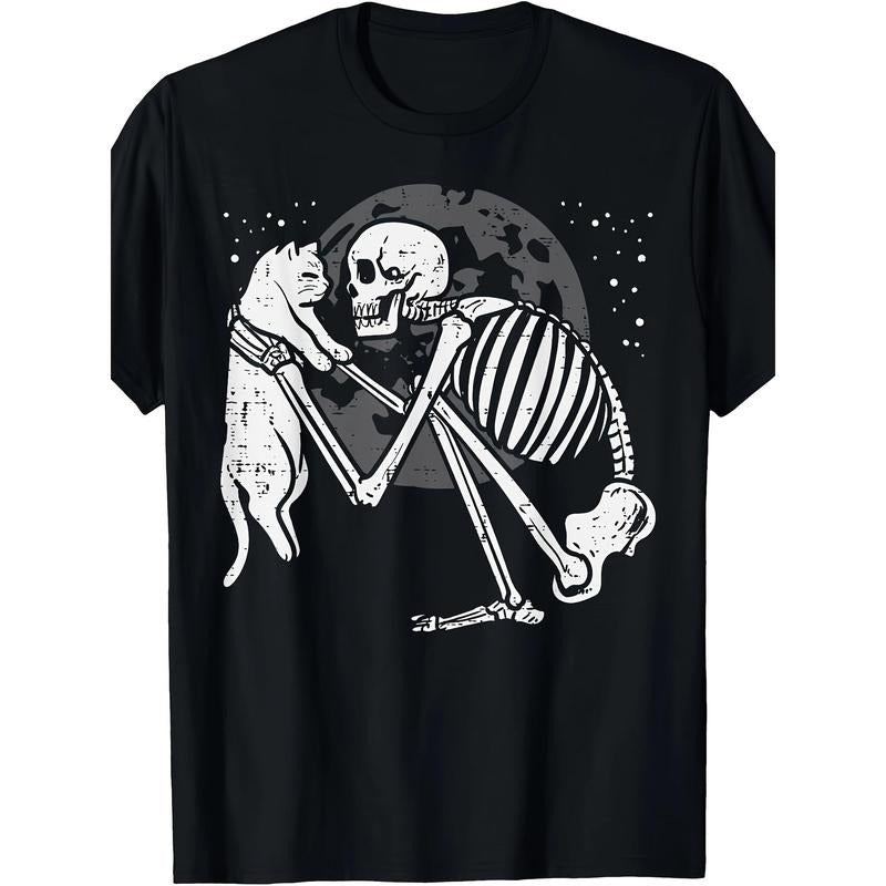 Cute Goth Skeleton Cat Skull Kitty T-Shirt - Halloween Men Women Graphic Tee - Comfortable Casual Wear with Short Sleeves and Round Neckline made in usa