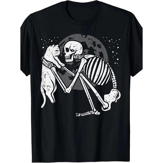Cute Goth Skeleton Cat Skull Kitty T-Shirt - Halloween Men Women Graphic Tee - Comfortable Casual Wear with Short Sleeves and Round Neckline made in usa