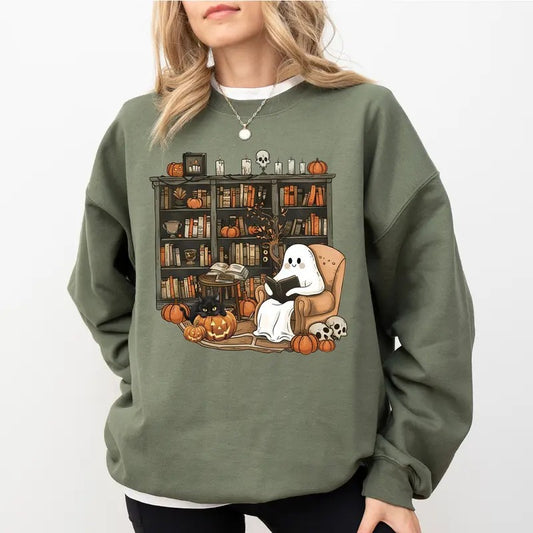 Cute Halloween Ghost Reading Book Sweatshirt, Funny Boo Crewneck, Retro Ghost Sweater, Book Lover Gift Shirt, Reading Sweatshirt for Girls, Vintage Bookish Tee, Fall Autumn Librarian Crewneck, Halloween Teacher Sweatshirt, Spooky Season Casual Womenswear