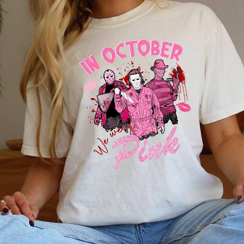 Cute In October We Wear Pink Shirt, JasonVoorhees Micheal Myers Chucky Tee, Vintage Shirt Hoodie Sweatshirt For Halloween
