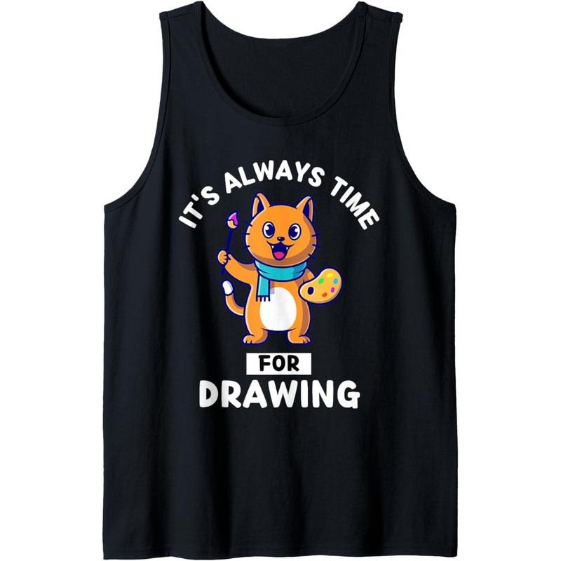 Cute Kawaii Cat It's Always Time For Drawing Tank Top