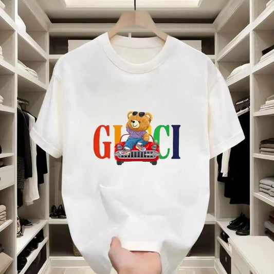 Cute Little Bear Sits on Red Sports Car with Sunglasses, Decorated with Colorful Letters, Full of Fashion Feeling. Pure Cotton Material Is Comfortable and Breathable, Easily Creating Street Fashion Style