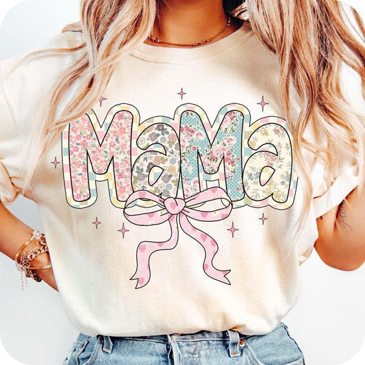 Cute Mama Coquette Bow T-Shirt, Floral Mama T-Shirt, Mama T-Shirt, Preppy Mama Design T-Shirt