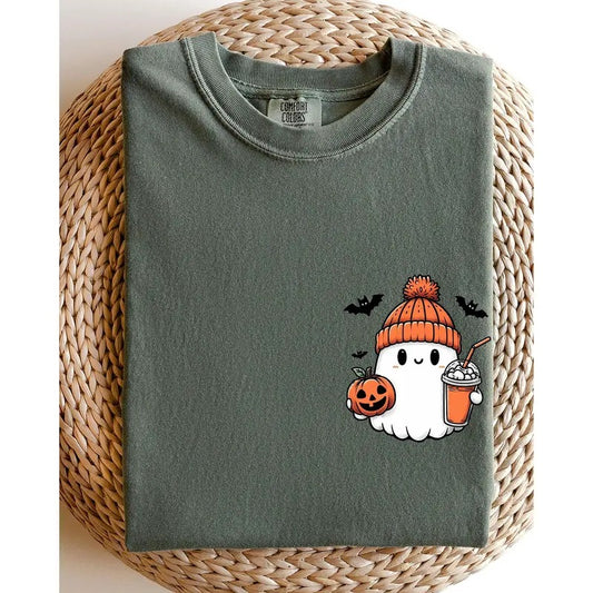 Cute Orange Ghost, Pocket Print, Halloween, Coffee, Bats Shirt, Women's, Comfort Colors Tee, Spooky, Tshirt, Witch, Pumpkin, Ghost, Skeleton