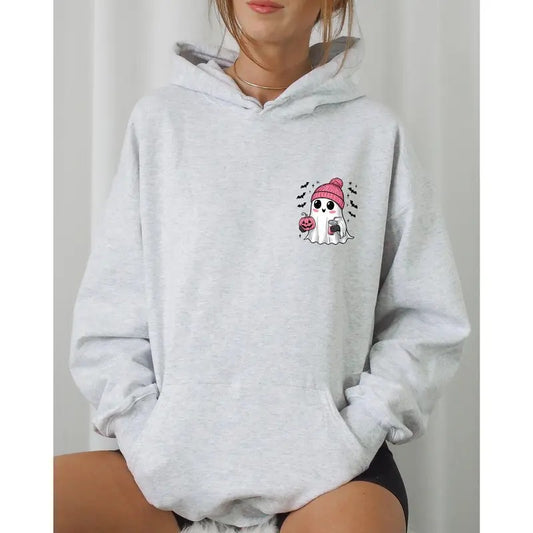 Cute Pink Ghost, Pocket Print, Halloween, Coffee, Bats Hooded Sweatshirt