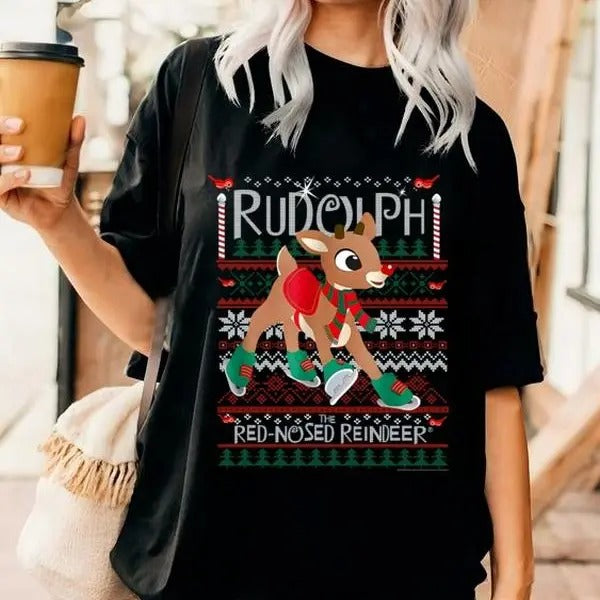 Cute Rudolph Christmas Shirt, Vintage The Red Nosed Reindeer Tee Shirt, Christmas Party T-Shirt, Cute Film Characters Shirt, Xmas Gift For Friends