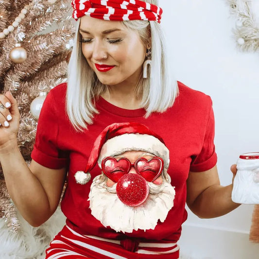 Cute Santa with RED Glasses and RED Bubble Christmas Shirt - Holiday Graphic Tee - Casual Winter Softstyle Unisex T-Shirt