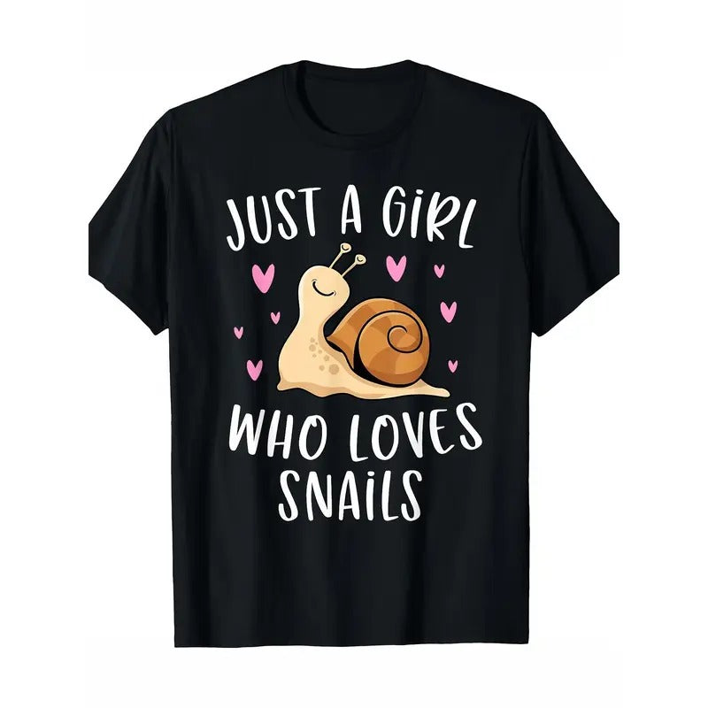 Cute Snail T-Shirt Girl Love Snail Girl T-Shirt - Preferred High Quality Cotton, Illustration Printed T-Shirt, DIY Multipurpose Goods, Spring, Summer, Autumn and Winter, Best Gift Ideas for Halloween, Christmas, Thanksgiving Made in USA