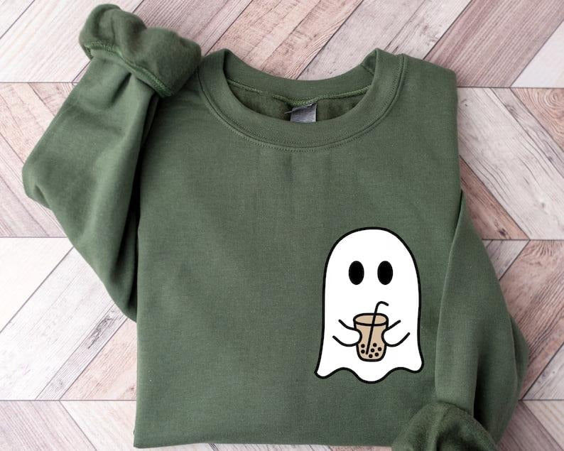 Cute Spooky Bubble Tea Sweatshirt, Womens Ghost Sweatshirt, Spooky Season,Fall Coffee Lover Hoodie,Halloween Party Shirt, Fall Graphic Shirt