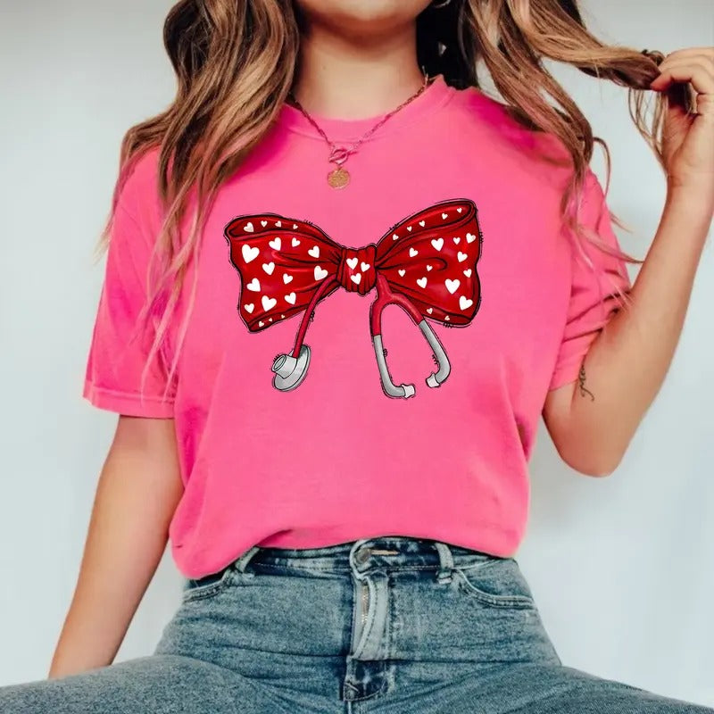 Cute Stethoscope Bow T-shirt, Valentine Nurse Tee, Valentine Bow Shirt, Coquette Bow Shirt, Gift for Nurse