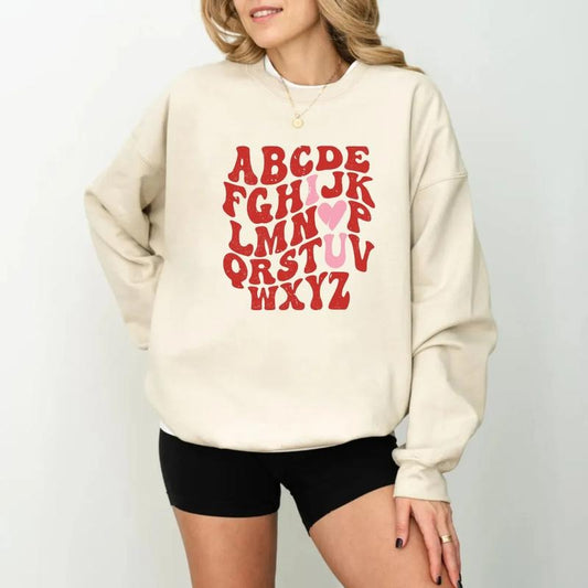 Cute Teacher Valentine Sweatshirt, Teacher Alphabet Shirt, Back To School Gift, Love Shirt, Valentine Teacher Gift, Unisex Crewneck Pullover Tee, Casual Clothing