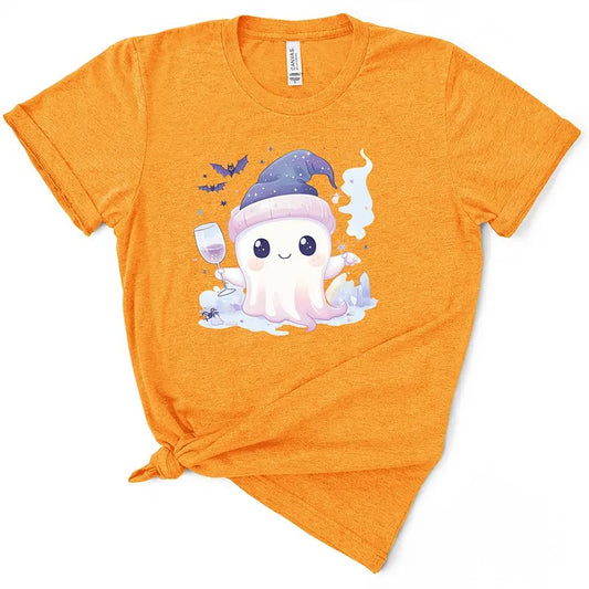 Cute Wine Drinking Ghost Halloween TShirt Casual Comfort