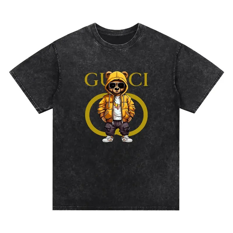 Cute bear cool handsome washed T-shirt, In the fashion circle, the tide is responsible, Comfortable fabrics, quality escort, Slip it on for a journey of trendy luxury.