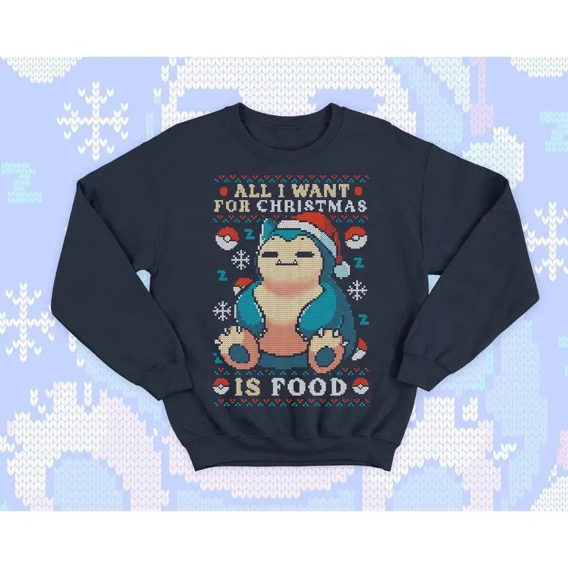 Cute gamer Ugly Christmas Sweater - Hungry and Kawaii sweatshirt gift - video game monster - All I want for Christmas is Food - Eat Sleep