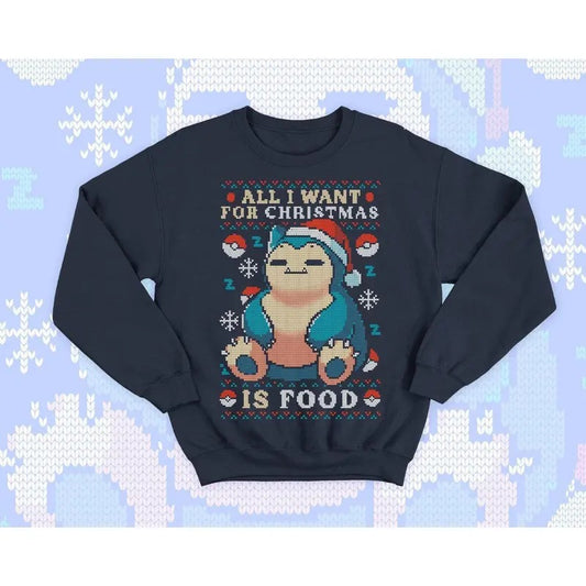 Cute gamer Ugly Christmas Sweater - Hungry and Kawaii sweatshirt gift - video game monster - All I want for Christmas is Food - Eat Sleep