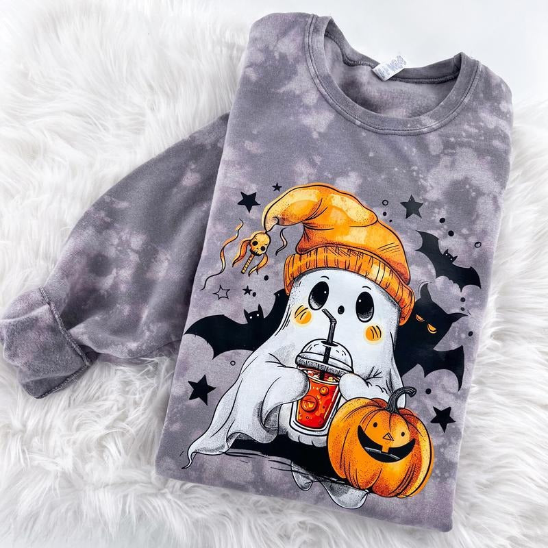 Cutie Bootootie Ghost Halloween Marbled Sweatshirt or Hoodie with sleeve print Comfy Womenswear Tops