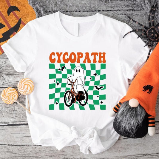 Cycopath Shirt, Boo Bicycle Tee, Funny Halloween Party T-Shirt, Cute Ghost Tee, Spooky Season Gift Shirt, Trendy Checkered Tee.