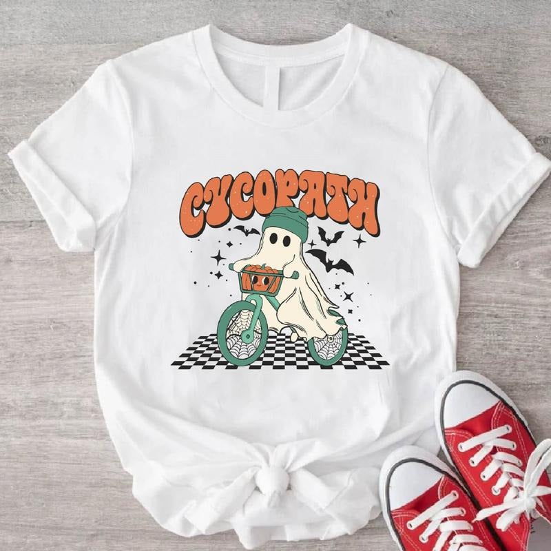 Cycopath Shirt, Funny Halloween Party T-Shirt, Cute Ghost Tee, Spooky Season Gift Shirt For Woman, Trendy Checkered Tee.