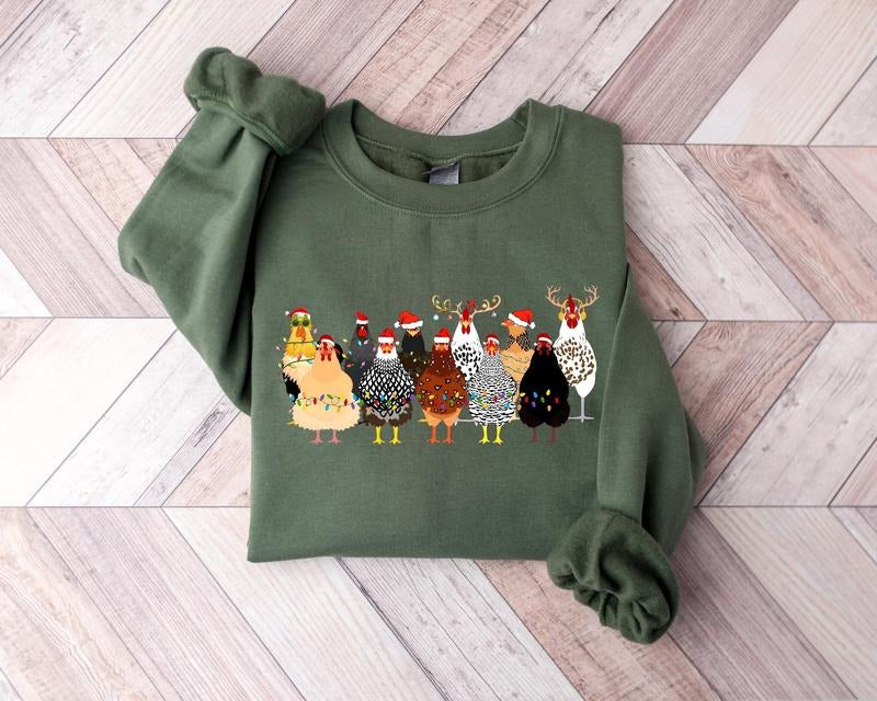 Сute Christmas Chickens Sweatshirt, Christmas Farm Animals Sweatshirt, Womens Christmas Chicken Sweatshirt