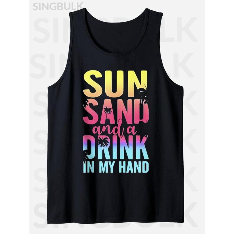 DRINK Print Tank Top, Men'S Cotton Crew Neck Sleeveless Tank Top, Casual Graphic Top For Summer