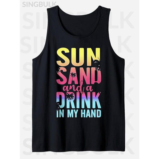 DRINK Print Tank Top, Men'S Cotton Crew Neck Sleeveless Tank Top, Casual Graphic Top For Summer