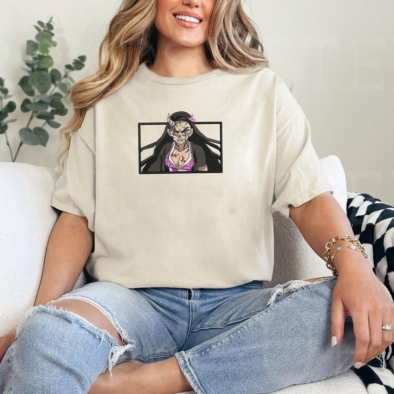 DS Nezuko Anime Character Embroidery Crewneck Tshirt Hoodie, Anime Shirt Gift For Otaku