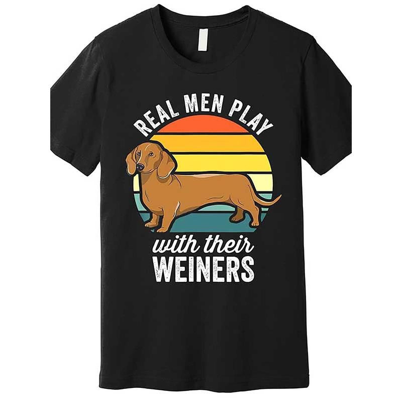 Dachshund 'Real Play with Their Weiners' Funny Men's T-Shirt - Soft Cotton, Short Sleeve, Crew Neck, Casual Fit - Black made in usa